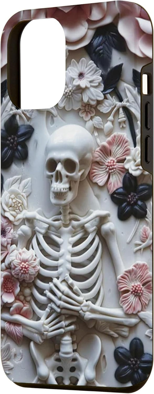 iPhone 15 Plus Whimsigoth Skeleton - Pink - Black Floral Skull Roses Case...