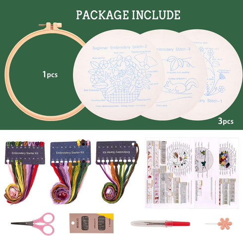 MAMUNU Embroidery Stitch Practice Kits, 3 Sets Animal Flower Stamped Pre Printed Cross Stitch Kits, Full Range of Embroidery Starter Kit with Hoop...
