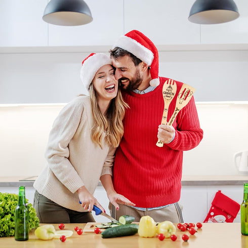 L1rabe Christmas Monster Bamboo Spoons - 5 Christmas Themed Funny Kitchen Utensils Decor for Cooking&Serving Set, Cooking Engraved Patterns are Su...