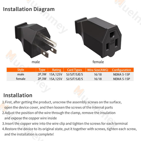 1 PCS Extension Cord Ends Electrical Replacement Connector NEMA 5-15R 15A 125V Black Shell 2Pole 3Wire Grounding Female Electric Replacement Plug...