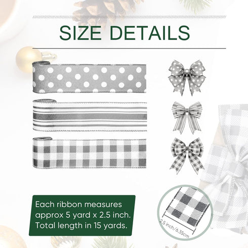Grey Wired Edge Ribbon Plaid Ribbon 3 Rolls 2.5 Inch Farmhouse Ribbon Buffalo Check Gray Ribbon Polka Dot Striped Ribbon Buffalo Plaid Ribbon Wire...
