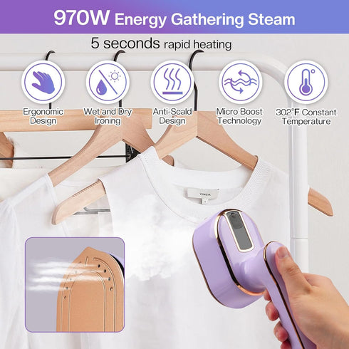 Mini Steam Iron, Travel Steamer for Clothes Portable Mini Iron, Portable Steamer for Dry and Wet Ironing, 970W Handheld Steamer 180° Rotatable Gar...