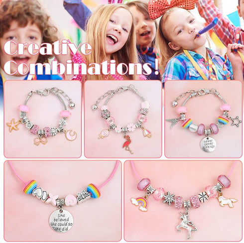 Flasoo DIY Charm Bracelet Making Kit, Jewelry Kit with Unicorn Mermaid Pink Stuff Craft Gifts for Birthday, Christmas, New Year...