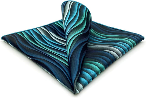 S&W SHLAX&WING Ripple Blue Multicolored Silk Green Silk Pocket Square...