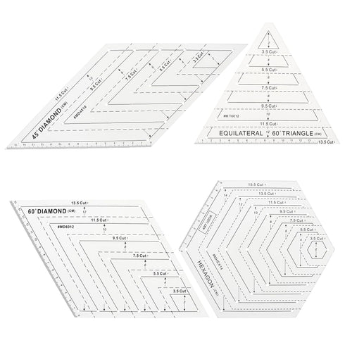4Pcs Quilting Ruler, Handmade Quilting Templates, 60 Degree Triangle and Diamond, 45° Diamond, Hexagon Templates, Patchwork Sewing Craft Ruler for...