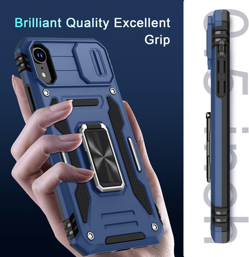 DEERLAMN for iPhone XR Case with Slide Camera Cover+Screen Protector (1 Pack),Rotated Ring Kickstand Military Grade Shockproof Protective Cover 6....