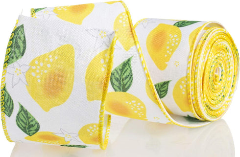 ATRBB Lemon Wired Ribbon, Fruit Pattern Ribbon for Wreaths, Wrapping and Crafting, 2.5 Inches x 10 Yards (White/Green/Yellow-Lemon)...