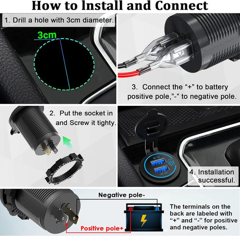 Qidoe 36W Dual QC3.0 USB Power Charger Socket, Waterproof 12V USB Outlet with Touch Switch Car USB Port for RV Motorcycle Boat Marine Truck Golf C...