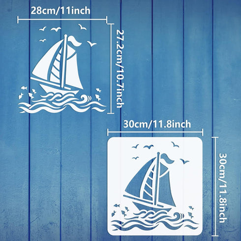 FINGERINSPIRE Nautical Sailboat Stencil for Painting 11.8x11.8 inch Hollow Out Seagulls Sea Fish Craft Stencil Reusable Sea Water Wave Stencil Boa...