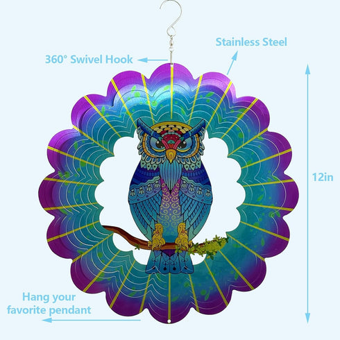 Metal Owl Wind Spinner, 12 inch Hanging Wind Spinner for Indoor/Outdoor Décor, Kinetic Yard Art Owl Gifts for Women Mom Grandma Wife...
