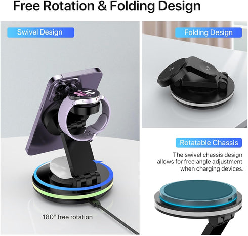 Wireless Charger, 4 in 1 15W Fast Charging Station Magnetic Adsorption,Colorful Light, Qi Foldable Rotatable charger Stand for iPhone 15/14/13/12 ...
