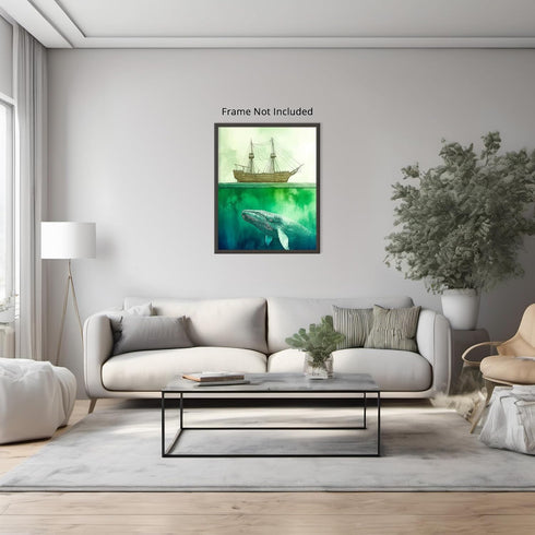 Posterizer 1 pcs-watercolor inspired art-grand whale and a ship 1-Coastal & Nautical Art-Collectibles & Fine Art-Living Room Bedroom Decor- unfram...