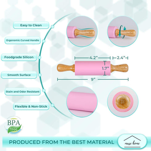 Mini Silicone Rolling Pin for Kids Baking – | Ideal for Toddlers, Playdough, Clay, Cookies & Pastry - 9" Small Size (Pink)...