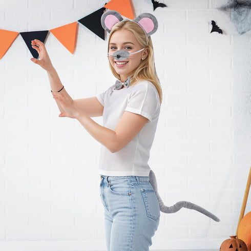 Mouse Costume Accessories Set, Mouse Ears Headband Nose Bowtie and Tail Costume Accessories for Halloween Dress Up Play Party...