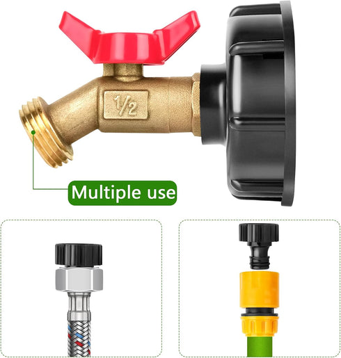 IBC Tote Adapter 275-330 Gallon IBC Tote to Garden Hose Adapter 2.36” Coarse Thread IBC Tote Fitting Water Tank Adapter with Lead-Free Brass Hose ...