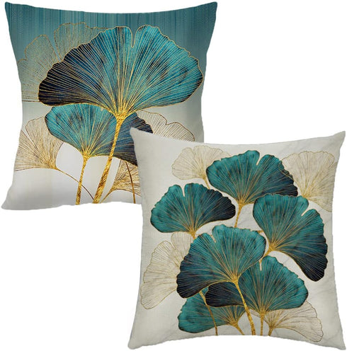 Throw Pillow Cover Green Plant Leaves - 18 x 18 Inch Teal Pillow Cushion Cover - Set of 2 Turquoise Ginkgo Leaf Cushion Case, Great for Sofa, Bedr...
