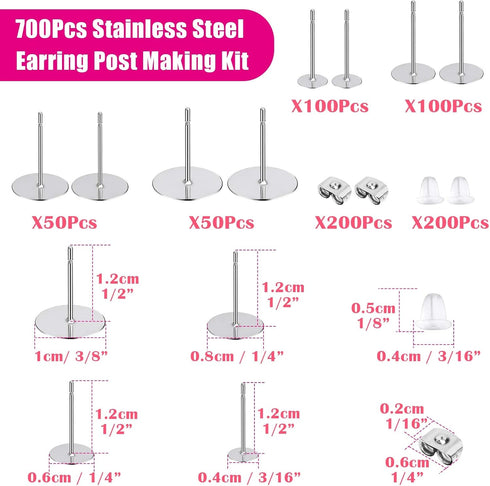 Earring Posts and Backs, Flasoo 700Pcs Stud Earring Making Kit with 300Pcs Stainless Steel Earring Posts and 400Pcs Earring Backs, Earring Supplie...
