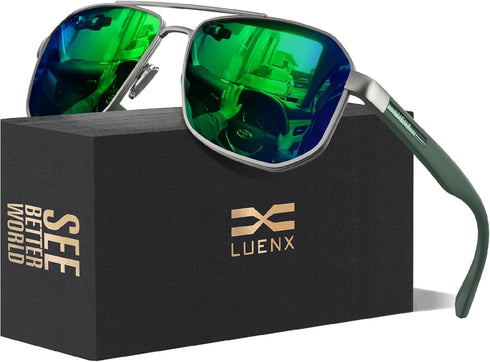 LUENX Aviator Sunglasses for Men Square Polarized Polygon Lens - UV 400 Protection with Accessories 61MM Driving Outdoor...