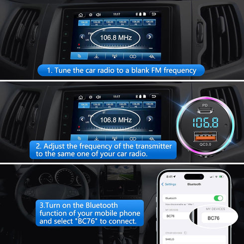 LENCENT Bluetooth 5.3 FM Transmitter,Full Metal Bluetooth car Adapter with PD 20W & QC3.0 Fast Charger,Hi-Fi Music/Clear Calling car FM Bluetooth ...