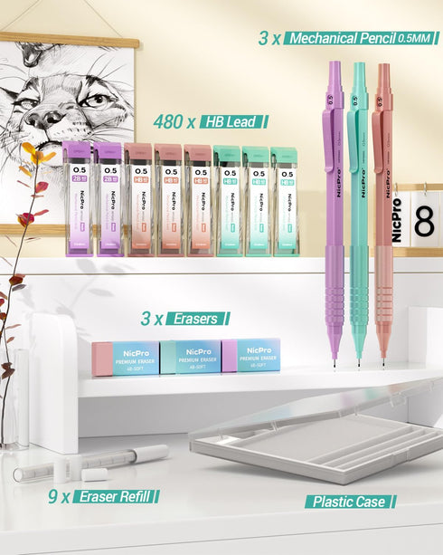 Nicpro 0.5mm Mechanical Pencils Set with Case, 3PCS Metal Mechanical Pencil, Pastel Aesthetic Drafting Pencils With 480PCS HB 2B Lead Refills, 3 E...