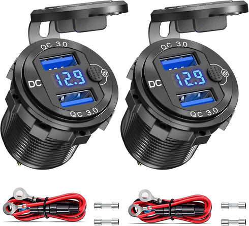 12V USB Outlet 2 Pack, Dual Quick Charge 3.0, Socket Waterproof Aluminum Charger with LED Voltmeter and Power Switch, Adapter for Marine Motorcycl...