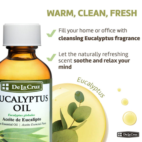 De La Cruz Eucalyptus Essential Oil Aromatherapy for Diffuser or Humidifier, 100% Pure Steam Distilled Eucalyptus Globulus 4 FL OZ...