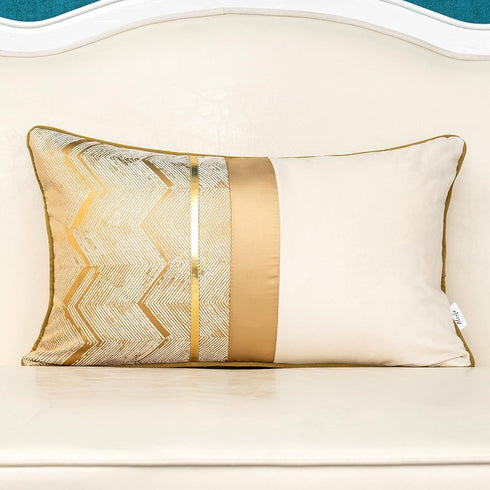 Alerfa 12 x 20 Inch Khaki White Geometric Striped Gold Leather Patchwork Velvet Cushion Case Luxury Modern Lumbar Throw Pillow Cover Decorative Pi...