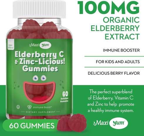 Elderberry Zinc Gummies - Organic Sambucus Elderberry Gummies with Zinc and Vitamin C - Vegan Immune Support for Adults and Kids - Chewable Elderb...