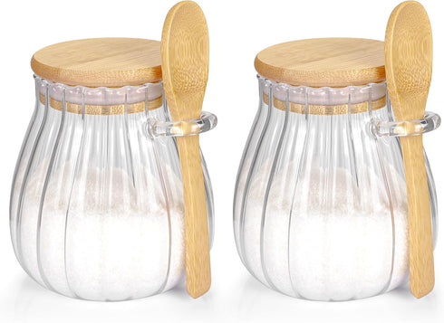 2Pcs Sugar Container with Bamboo Lid and Spoon,15oz Sugar Bowl Glass Jar for Coffee Bar Accessories Coffee Canister Kitchen Decor Housewarming Gif...