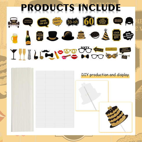 Adult 60th Birthday Photo Booth Props(41Pcs) for Her Him Cheers to 60 Years Birthday Party, Gold and Red Decorations, 60th Happy Birthday Party Su...