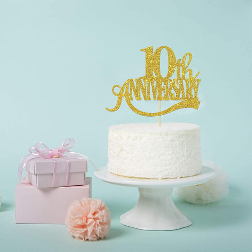 Gold Glitter 10th Anniversary Cake Topper - Happy 10th Wedding Anniversary / Birthday Party Decorations...