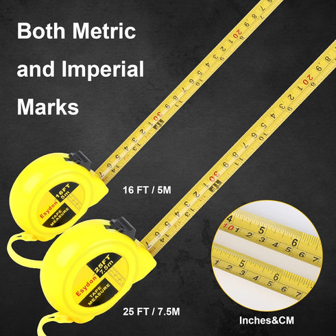 2 Packs Tape Measure 25 ft /16 ft, Esydon Measuring Tape Extendable, Self-Locking Tape Measurer, Easy Read Imperial/Metric Scale Measurement Tape ...