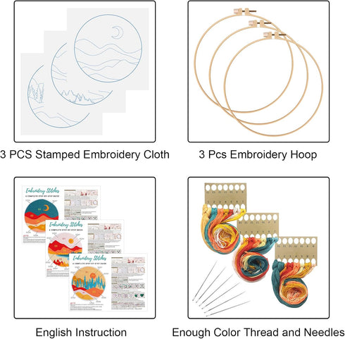 Louise Maelys 3 Set Landscape Embroidery Kits for Beginners with Mountain sun moon pattern,Adults Starter Cross Stitch Kit DIY Needlepoint Kits...