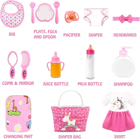 BNUZEIYI Baby Doll Accessories -Baby Doll Feeding and Caring Set with Diaper Bag Bottles for Girls Toys Gift, Stuff Doll Clothes fit 14-16 Inch Do...