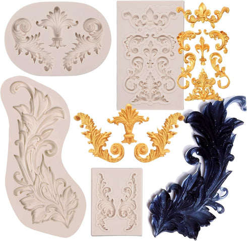 Baroque Silicone Fondant Molds, (4 Pack) Scrolls Border Feather Crown Corner Molds for Cake Decorating Polymer Clay...