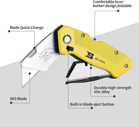 Folding Utility Knife?Box Cutter Retractable Foldable Heavy Duty Quick Change with 5-Piece Extra Blades...