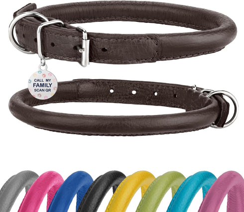 Rolled Leather Dog Collar Soft Round Collars, ID Tag for Small Medium Large Dogs (7-10 inch, Brown)...