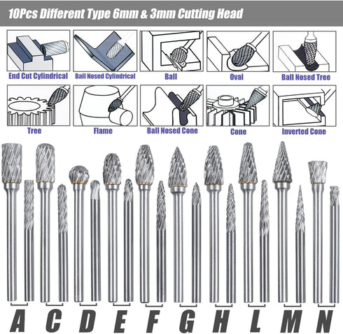 Yakamoz 20Pcs 3mm (1/8") Shank Carbide Burr Set, 3mm & 6mm Double Cut Rotary Files Burrs Die Grinder Bits Burs DIY Woodworking Tool for Wood Metal...