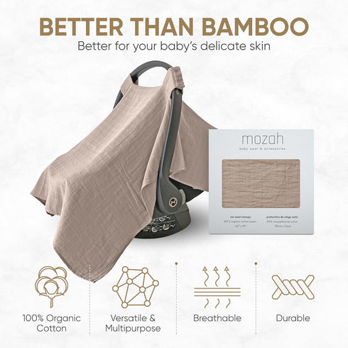 MOZAH Baby Car Seat Cover - Warm Taupe - 100% Organic Muslin - Soft, Breathable and Lightweight, Baby Infant Car Seat Essentials...