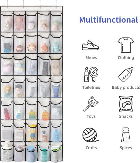 35 Pockets Over the Door Shoe Organizer, Hanging Shoe Organizer for Door with 35 Mesh Pockets Large Capacity Shoe Hanging Storage Bag with 4 Metal...