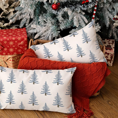 Christmas Pillow Covers 12x20 Inch Set of 2, Blue Xmas Trees White Farmhouse Decorative Throw Pillowcases for Home Sofa Couch Cushion Decoration G...