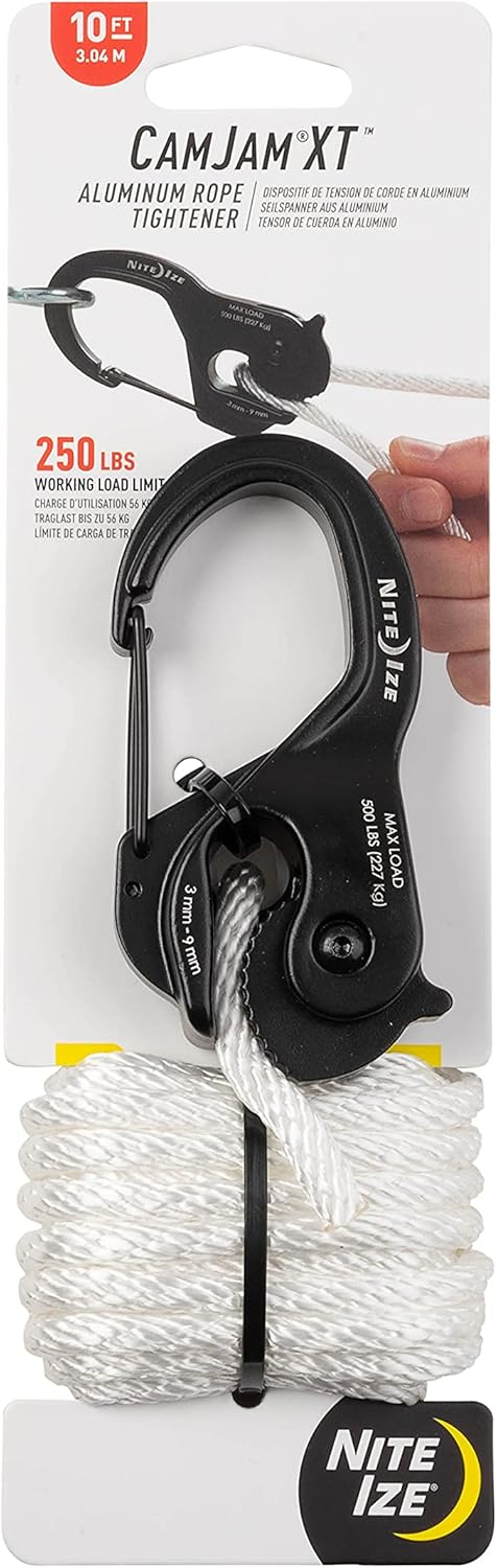 Nite Ize CamJam XT Aluminum Rope Tightener - Versatile Tie Down Cam Mechanism with Carabiner Clip - Secure Hiking Gear Essential - Rope Tie Down A...