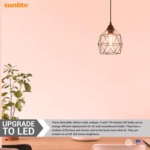 Sunlite LED Vintage T10 2W Light Bulb Medium (E26) Base, Warm White...
