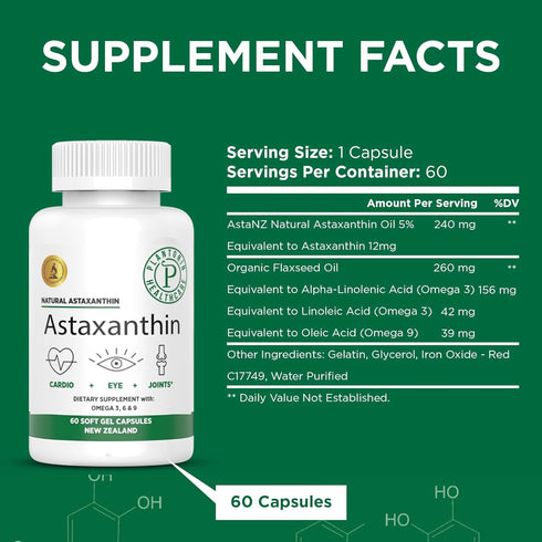 New Zealand - Astaxanthin 12mg from Microalgae Haematococcus Pluvialis - 60 Soft Gels - GMO & Gluten Free - Antioxidant - Supports Joint Mobility ...