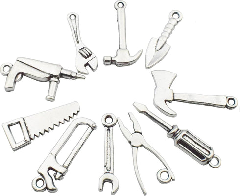 50pcs Antique Silver Tone 10 Kinds Mix 3D Tool Charm Collection Hammer Charm Wrench Charm Saw Charm Pliers Charm Tape Charm Screwdriver Charm Cons...