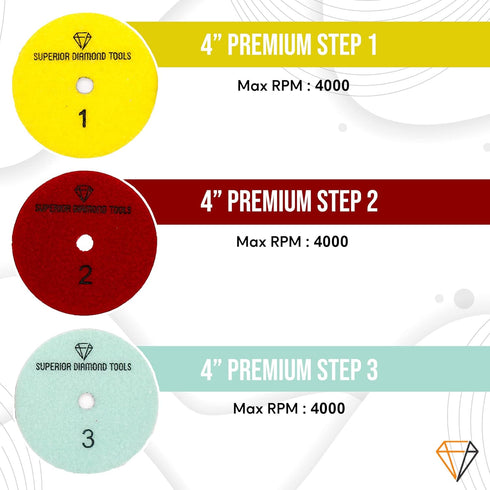3 Step Diamond Polishing Pads - Wet or Dry - Granite, Quartz, Marble, Concrete, Terrazzo - High Temperature Resistance - White Resin - 4'' Hook an...