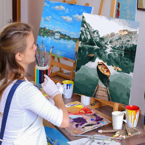 Artunion Paint by Numbers Mountains Lake Boat, Landscape Paint by Number kits, DIY Oil Painting Paint by Number Kits on Canvas Paintbrushes and Ac...