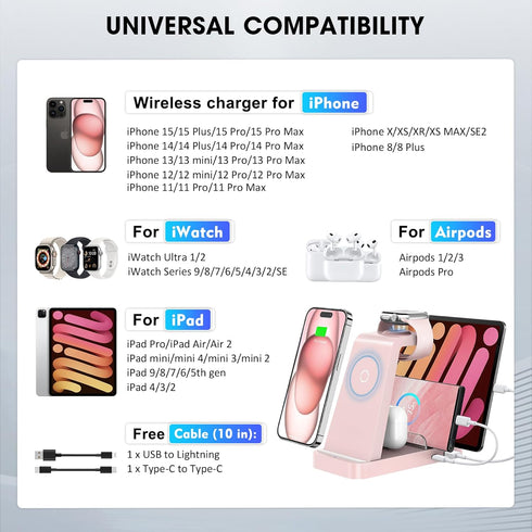 Wireless Charger for iPhone - 5 in 1 Charging Station for Multiple Devices Apple: Fast Wireless Charging Stand Dock for iPhone 15 14 13 12 Pro Max...