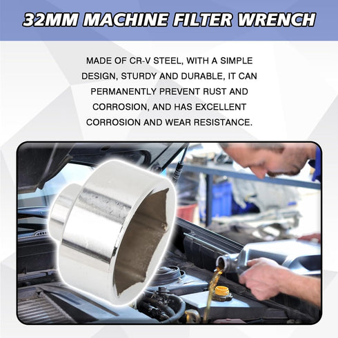 32mm Socket Oil Filter Wrench, 6-Point 3/8" Drive Oil Filter Removal Tool, Low Profile Drive Socket Fuel Filter Wrench for GM, Audi, BMW, Ford, Vo...