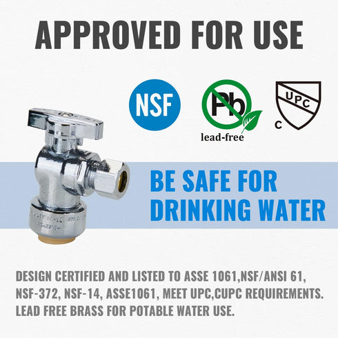 SUNGATOR 2-Pack Angle Stop Valve, Angle Water Shut Off Valve 1/2 x 3/8 Inch Compression, Toilet Water Valve, 1/4 Turn, No Lead Brass Push to Conne...